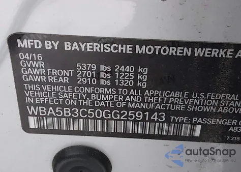 2016 BMW 535I xDrive z USA, uszkodzony, nr VIN WBA5B3C50GG259143